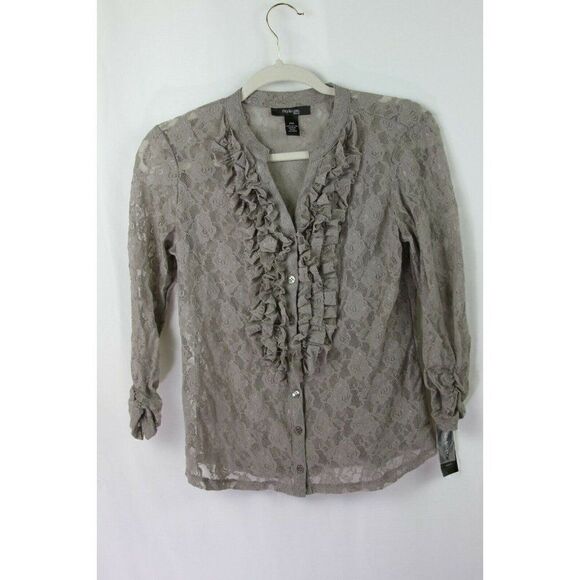 Style & Co. Tops - Style & Co Lace Blouse Button Front Ruffle Gray Sheer 3/4 Sleeves Petite MP NEW